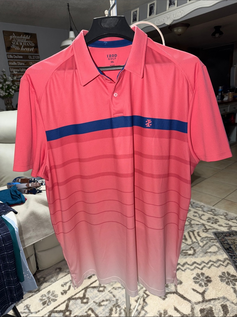 Izod Coral Pink Gradient Golf Polo with Navy Stripe